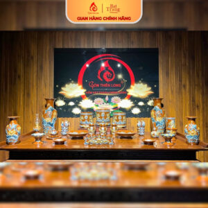 Bộ Đồ Thờ Bát Tràng Men Nâu Hồng Phúc Đắp Nổi Cao Cấp 251101