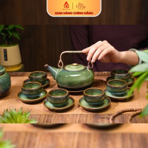 Ấm Chén Bát Tràng Bộ Quai Đồng Thấp Xanh Rêu 250404
