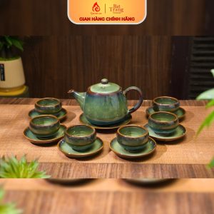 Ấm Chén Bát Tràng Bộ 3 Chân Xanh Rêu 250401