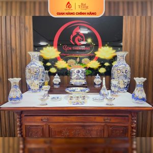 Bộ Đồ Thờ Vẽ Vàng 24k Men Lam Bát Tràng Cao Cấp 252626