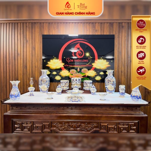 Bộ Đồ Thờ Vẽ Vàng 24k Men Lam Bát Tràng Cao Cấp 252626